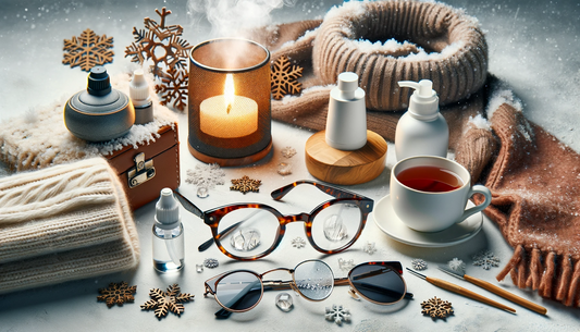 The image shows stylish eyeglasses, a bottle of eye drops, UV-protective sunglasses, and a humidifier, all arranged against a winter-themed backdrop with snowflakes, a warm scarf, and a steaming cup of tea